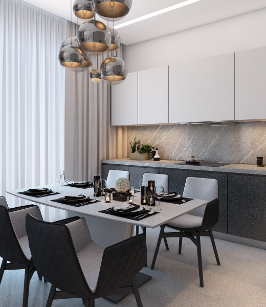 Белый потолок со световыми линиями в кухне