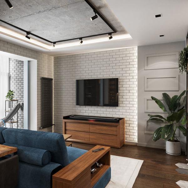 Дизайнерский потолок с трековой системой освещения и подсветкой