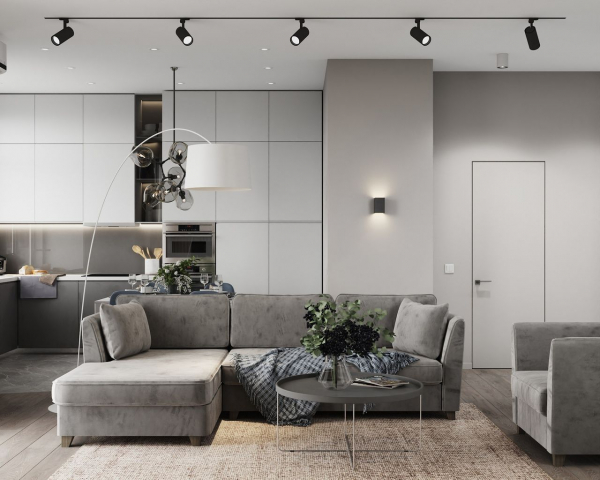 Белый потолок с трековой системой освещения в зале