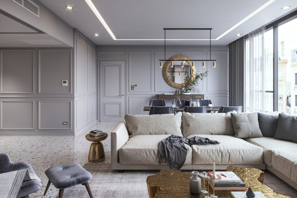 Световые линии в классическом белом потолке над зоной отдыха