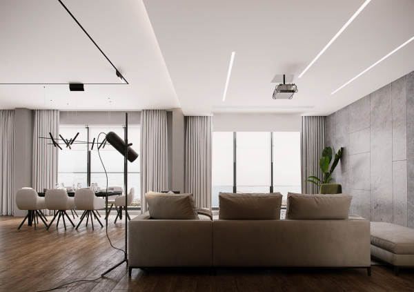 Современный потолок со световыми линиями