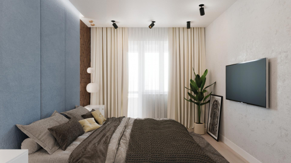 Классический белый матовый потолок с подсветкой и трековыми светильниками в спальне