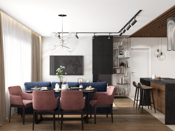 Белый матовый потолок с нишей под карниз в зале