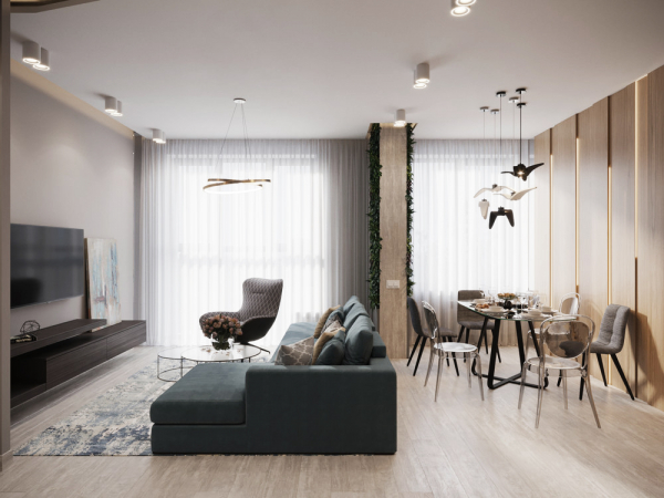 Белый потолок с комбинированным освещением и нишей под карниз в зале