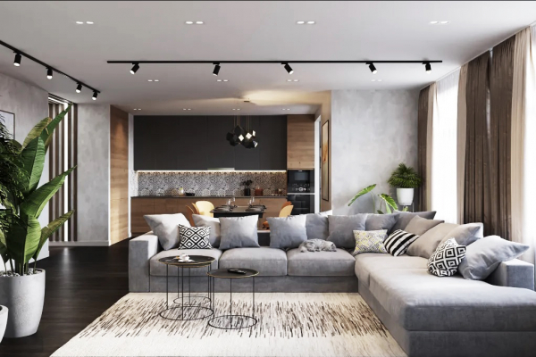 Трековые светильники в потолке в гостинной