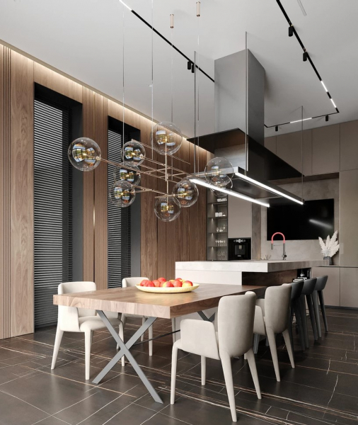 Матовый потолок с трековой системой на кухне