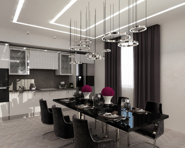 Фото потолков со световыми линиями в столовой