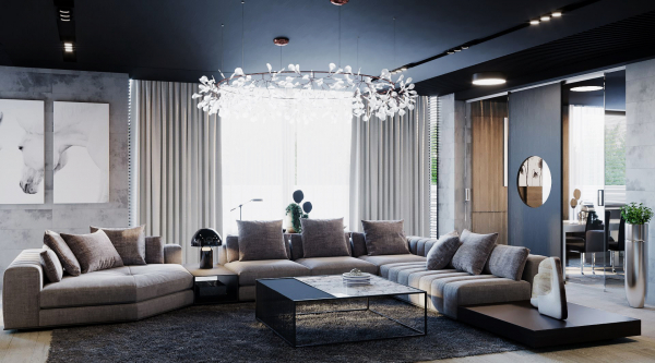 Черный потолок в гостиной